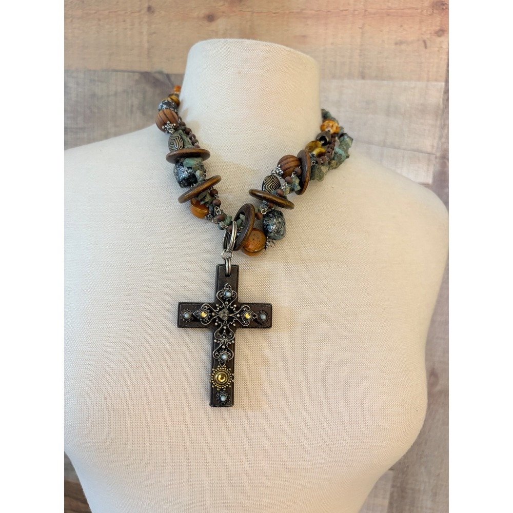 Treska Boho Multi Strand Turquoise Stone Wood Bead Large Filigree Cross Necklace